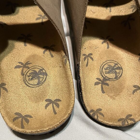 Wonder Nation Tan Brown Double Straps Faux Leather Slip on Slides Sandals Kids 1 - Picture 6 of 9